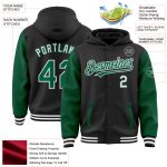 Customizable Two Tone Bomber Hoodie Jacket with Name and Number - Black Kelly Green-White Varsity Letterman Style Personalized