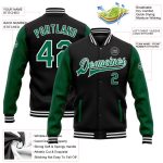 Personalized Black Green White Varsity Letterman Bomber Jacket Full-Snap Two Tone 2 Personalized Black Kelly Green-White