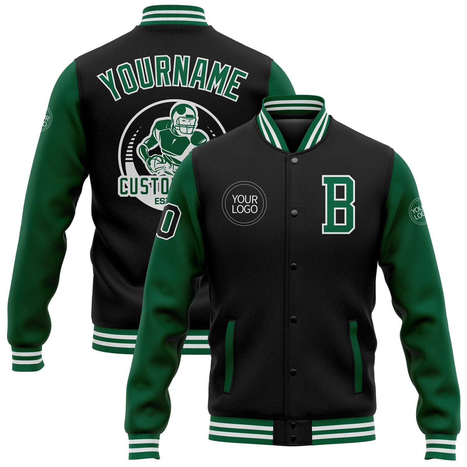 Personalized Black and Kelly Green Two Tone Varsity Letterman Bomber Jacket Full-Snap Personalized Black Kelly Green-White