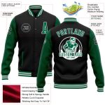 Personalized Black and Kelly Green Two Tone Varsity Letterman Bomber Jacket Full-Snap Personalized Black Kelly Green-White