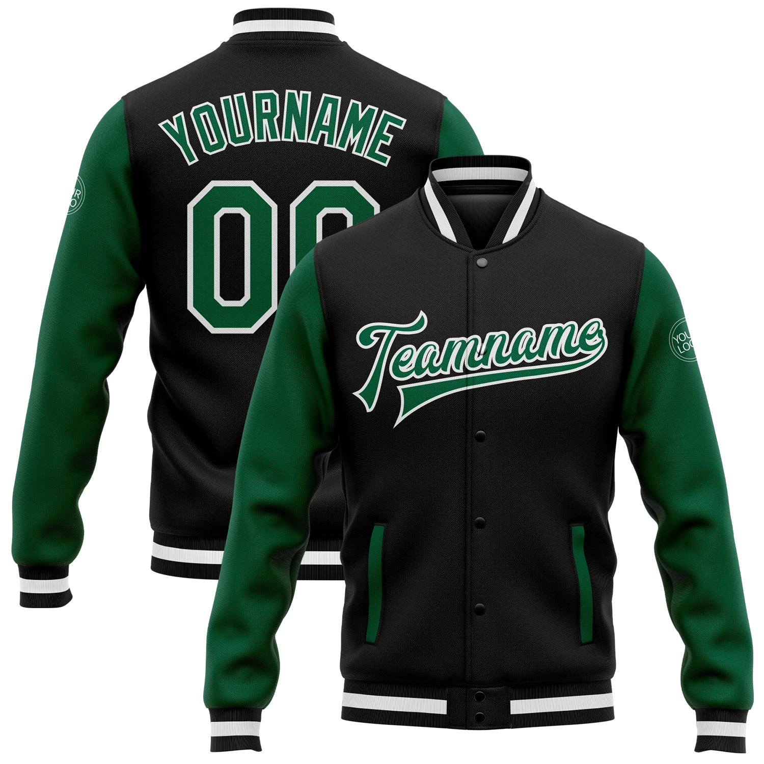 Personalized Black Green White Varsity Letterman Bomber Jacket - Full-Snap Two Tone Personalized Black Kelly Green-White