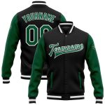 Custom Two Tone Bomber Jacket with Varsity Letterman Style - Personalized Black Kelly Green and White, Custom Name and Number