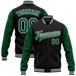Personalized Bomber Jacket Black Kelly Green-White Full-Snap Varsity Letterman Two Tone Design Personalized Black Kelly Green-White