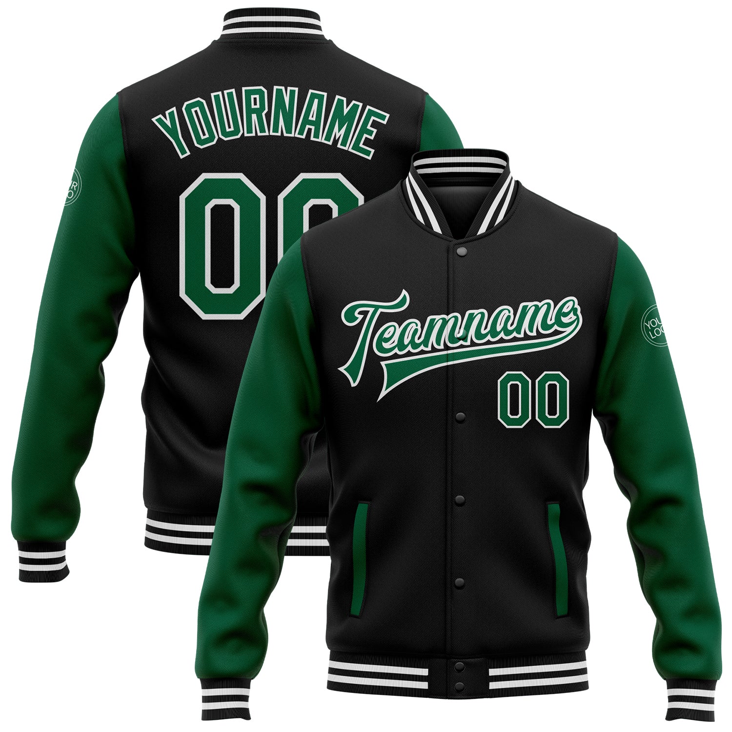 Personalized Bomber Jacket Black Kelly Green-White Full-Snap Varsity Letterman Two Tone Design Personalized Black Kelly Green-White