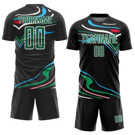 Personalized Soccer Jersey - Black Green White Fluid Shapes Sublimation Uniform Personalized Black Kelly Green-White Fluid