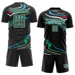 Custom Sublimation Soccer Jersey with Personalized Name & Number - Black Kelly Green White Fluid Shapes Team Apparel Personalized
