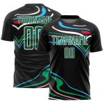 Custom Sublimation Soccer Jersey with Personalized Name & Number - Black Kelly Green White Fluid Shapes Team Apparel Personalized