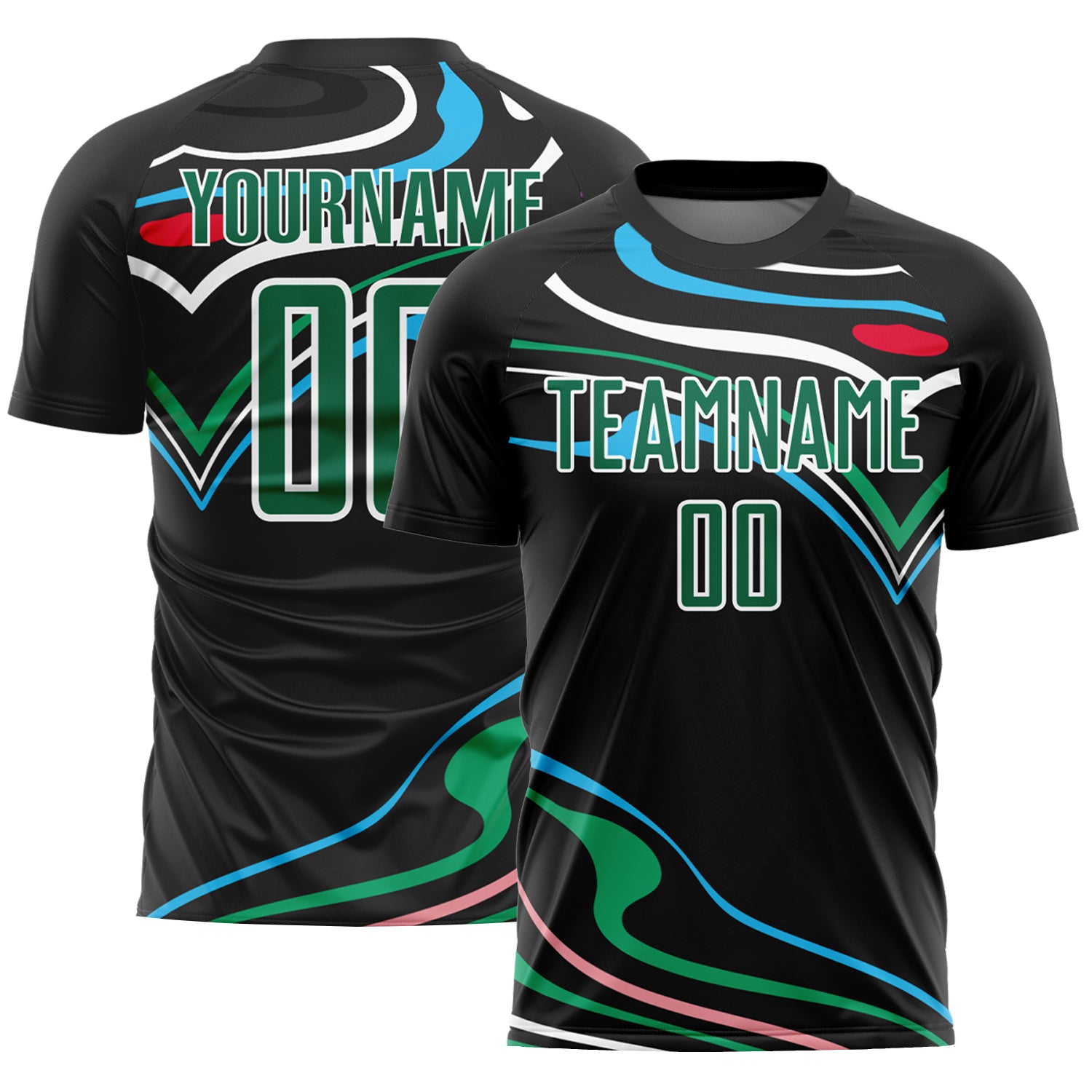 Custom Sublimation Soccer Jersey with Personalized Name & Number - Black Kelly Green White Fluid Shapes Team Apparel Personalized