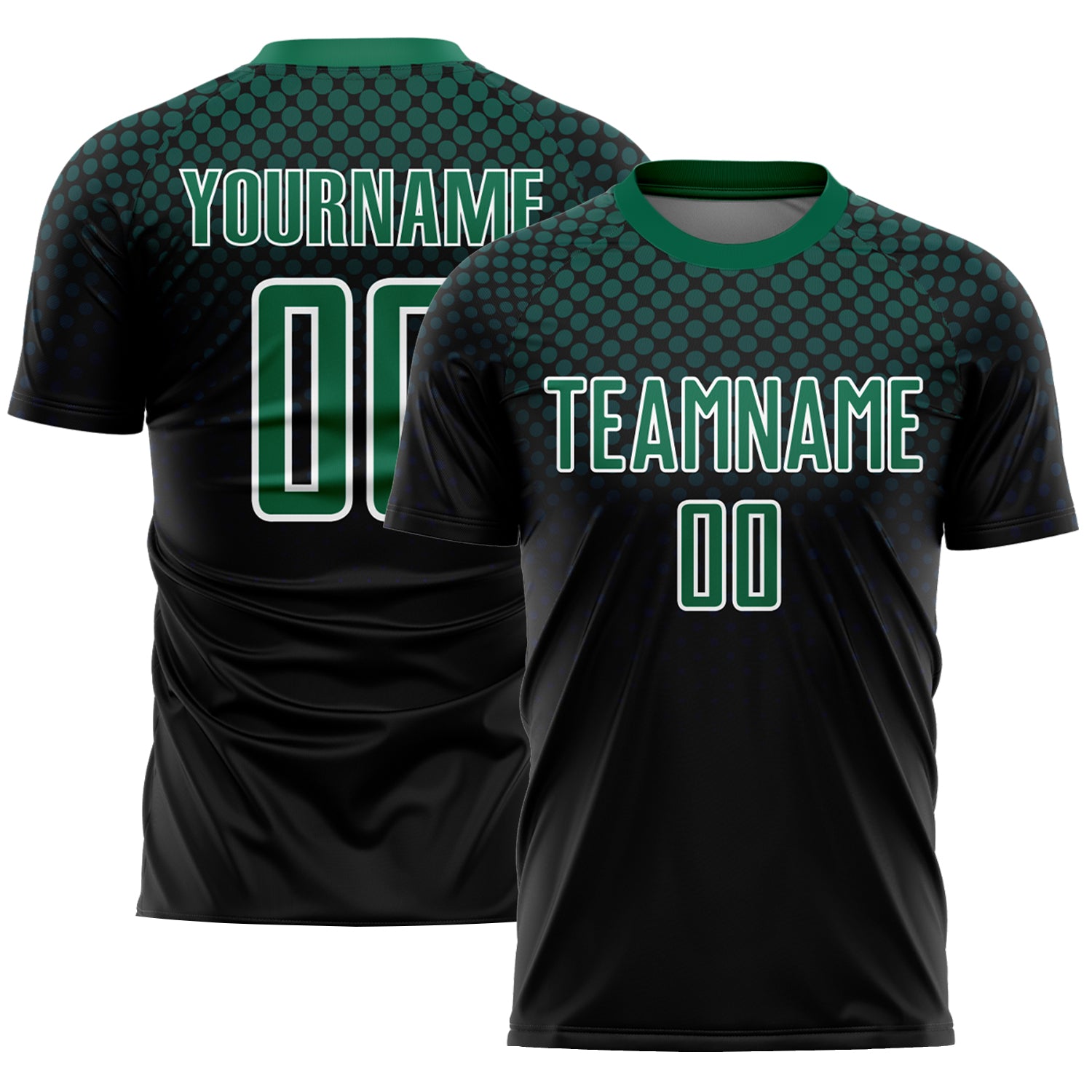 Custom Soccer Jersey - Personalized Halftone Dots in Black Kelly Green-White with Name & Number Personalized Black Kelly