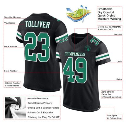 Custom Personalized Football Jersey - Black Kelly Green-White Mesh with Team Name and Number Personalized Black Kelly Green-White