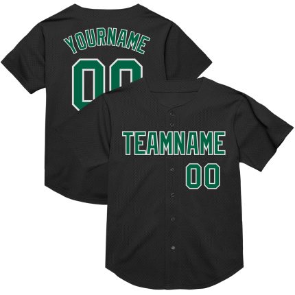 Personalized Black Green White Mesh Baseball Jersey - Authentic Throwback Style Personalized Black Kelly Green-White Mesh