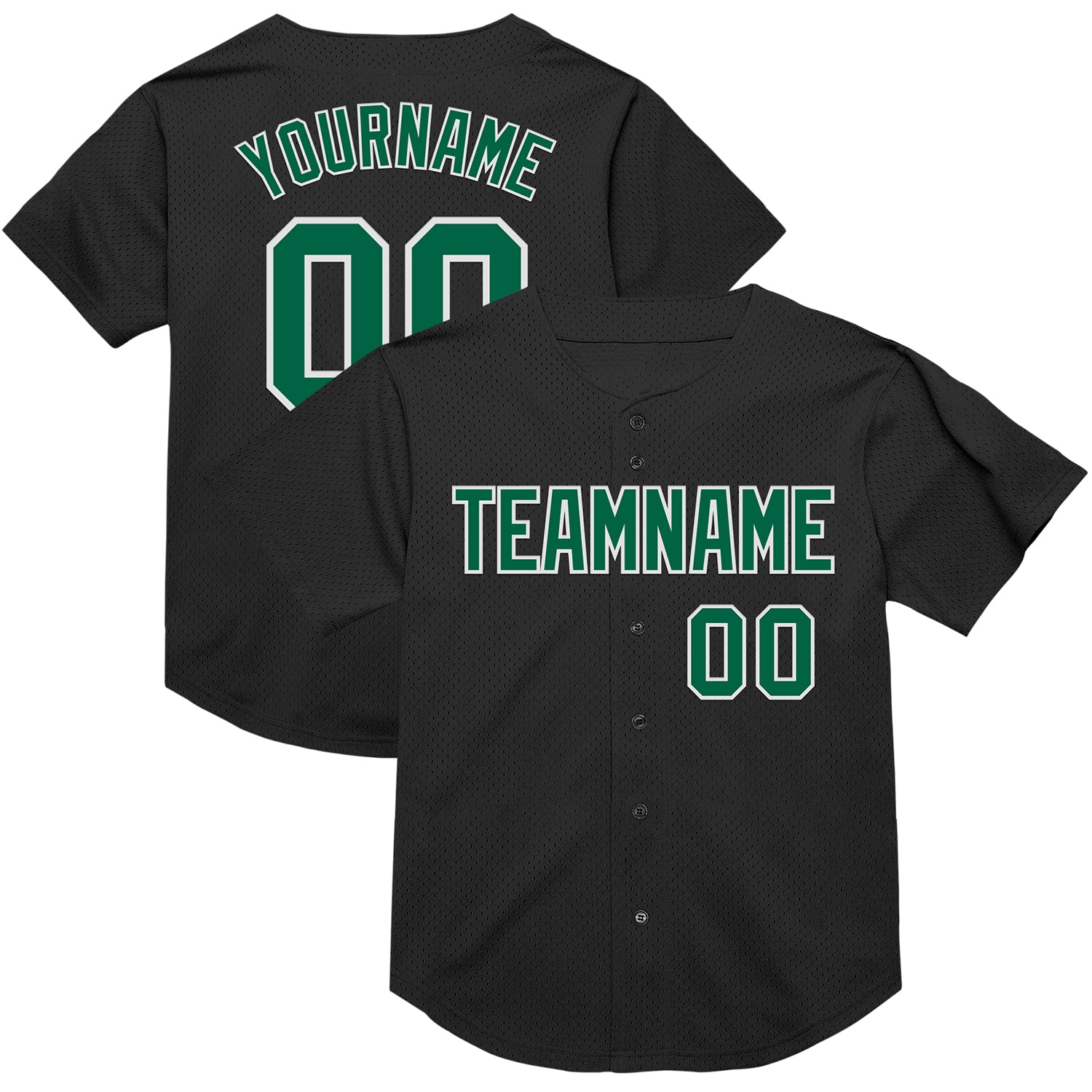 Personalized Black Green White Mesh Baseball Jersey - Authentic Throwback Style Personalized Black Kelly Green-White Mesh