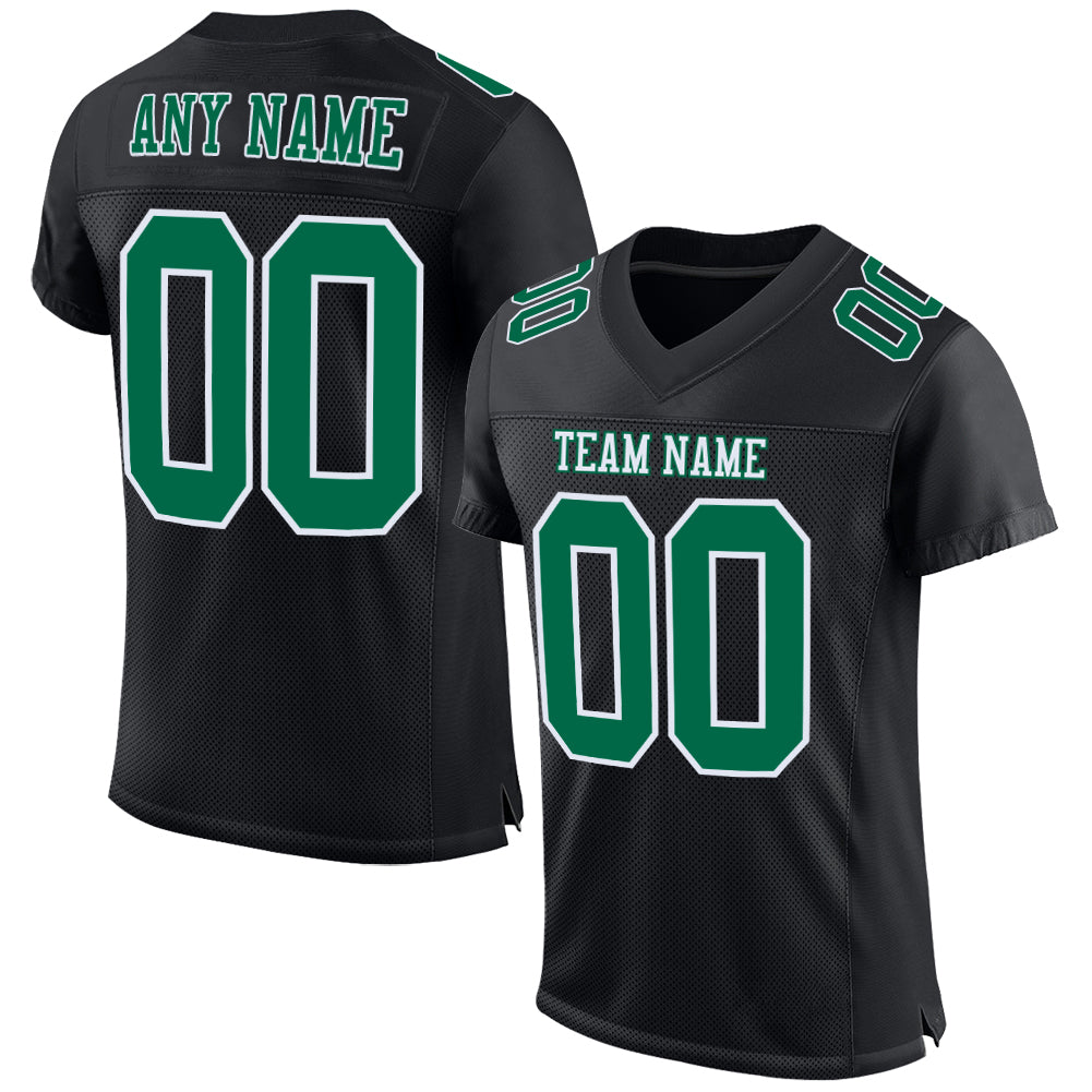Personalized Black Football Jersey with Kelly Green and White Mesh, Size 2 Personalized Black Kelly Green-White Mesh Football