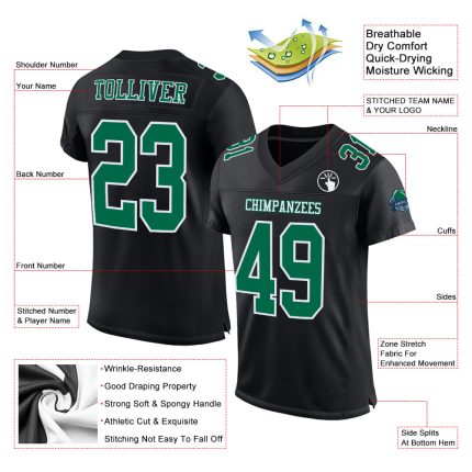 Personalized Black Football Jersey with Kelly Green and White Mesh, Size 2 Personalized Black Kelly Green-White Mesh Football
