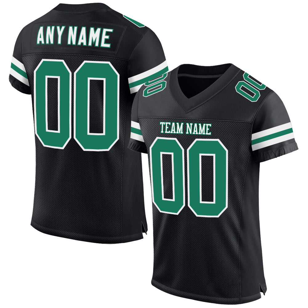 Personalized Black Football Jersey with Green and White Mesh Design Personalized Black Kelly Green-White Mesh Football Jersey