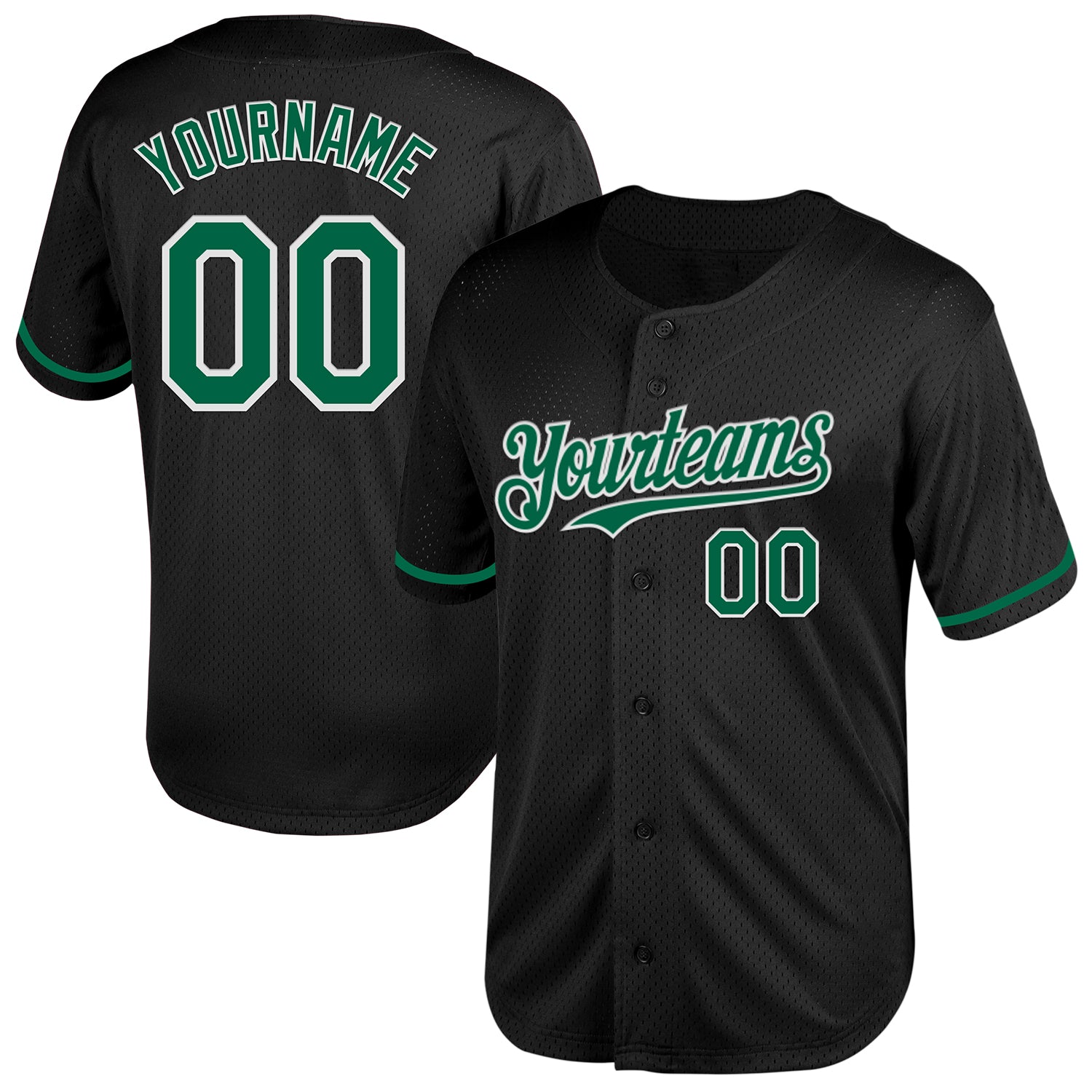 Personalized Black Green White Throwback Baseball Jersey Mesh Design Personalized Black Kelly Green-White Mesh Throwback