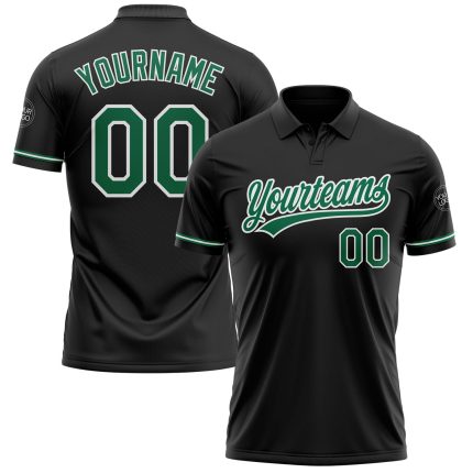Custom Name and Number Personalized Black Kelly Green-White Performance Golf Polo Shirt Personalized Black Kelly Green-White