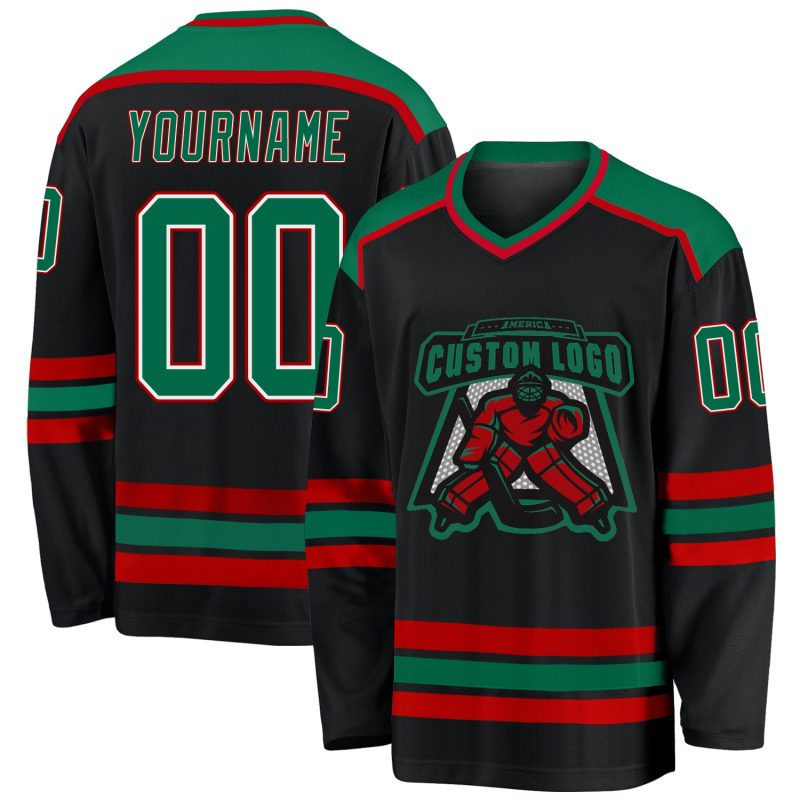 Personalized Black Hockey Jersey with Kelly Green and Red Accents Personalized Black Kelly Green White-Red Hockey Jersey