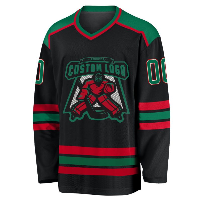 Personalized Black Hockey Jersey with Kelly Green and Red Accents Personalized Black Kelly Green White-Red Hockey Jersey
