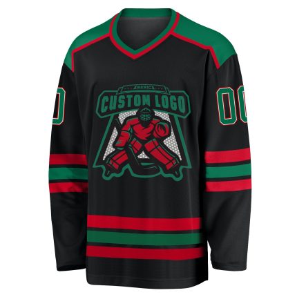 Custom Hockey Jersey with Personalized Name and Number, Black Kelly Green White-Red Personalized Black Kelly Green White-Red