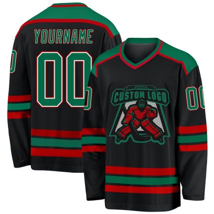 Custom Hockey Jersey with Personalized Name and Number, Black Kelly Green White-Red Personalized Black Kelly Green White-Red