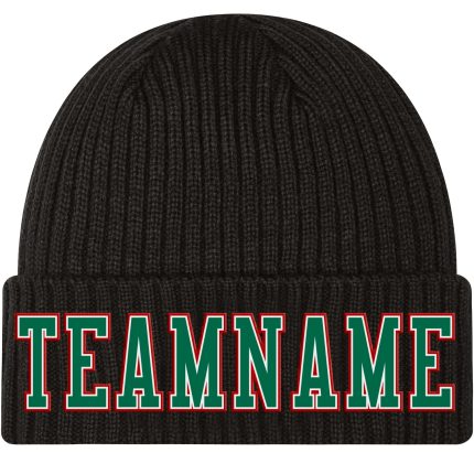 Custom Personalized Knit Hat with Team Name and Number - Black, Kelly Green, White & Red Stitched Cuffed Beanie Personalized