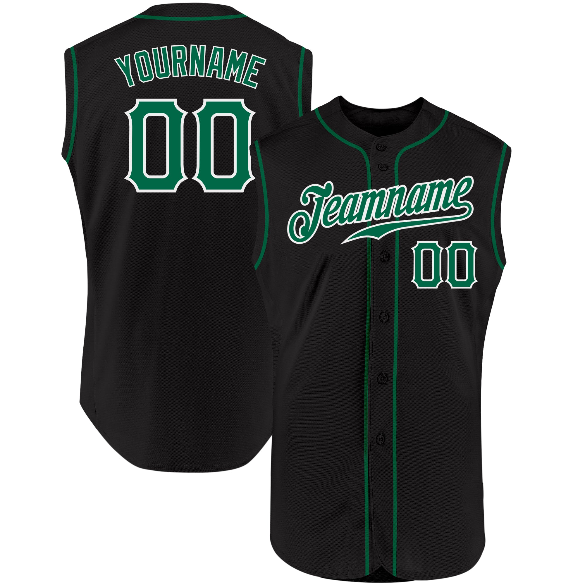 Personalized Black Green White Sleeveless Baseball Jersey for Men and Women Personalized Black Kelly Green-White Sleeveless