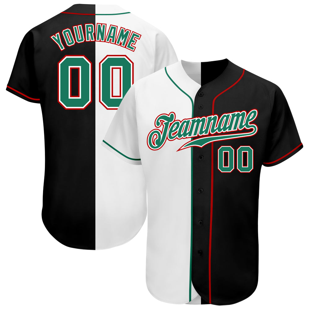 Personalized Black Green White Split Fashion Baseball Jersey for Men and Women Personalized Black Kelly Green-White Split