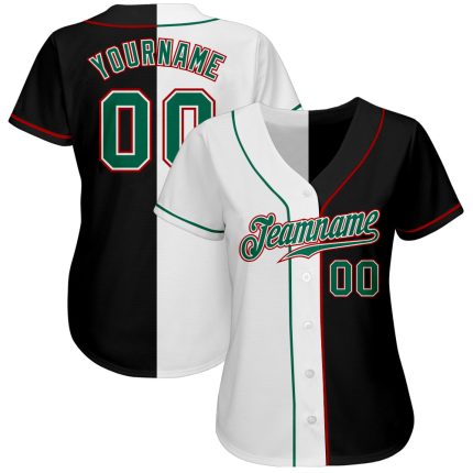 Personalized Black Green White Split Fashion Baseball Jersey for Men and Women Personalized Black Kelly Green-White Split