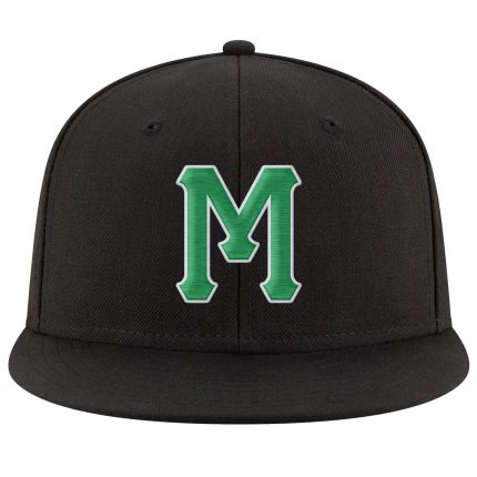 Personalized Adjustable Snapback Hat in Black with Kelly Green and White Stitching Personalized Black Kelly Green-White Stitched