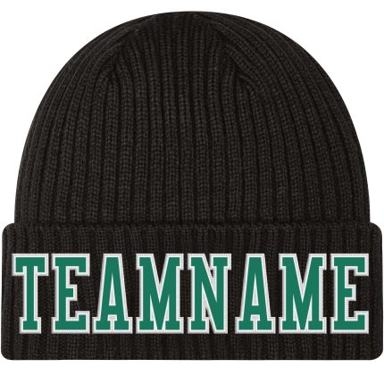 Personalized Cuffed Knit Hat in Black Kelly Green White Stitched Design - Custom Winter Beanie Personalized Black Kelly Green-White