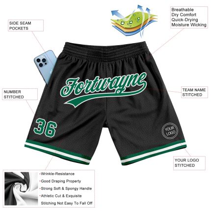 Personalized Black Kelly Green White Throwback Basketball Shorts for Men 2 Personalized Black Kelly Green-White Throwback