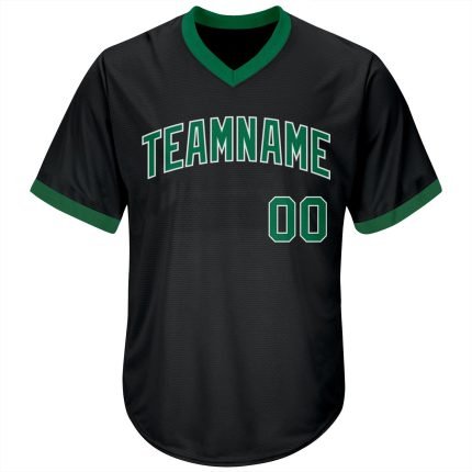 Personalized Black Baseball Jersey Shirt with Kelly Green and White Throwback Rib-Knit Design Personalized Black Kelly Green-White