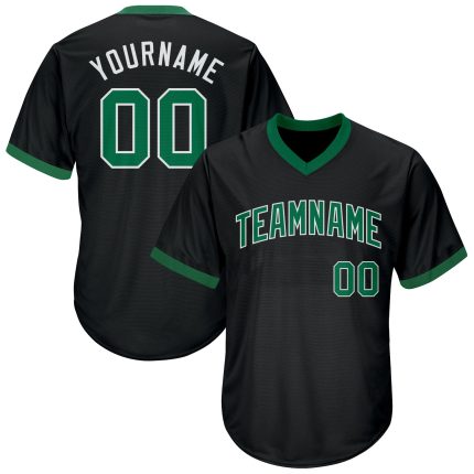 Personalized Black Baseball Jersey Shirt with Kelly Green and White Throwback Rib-Knit Design Personalized Black Kelly Green-White