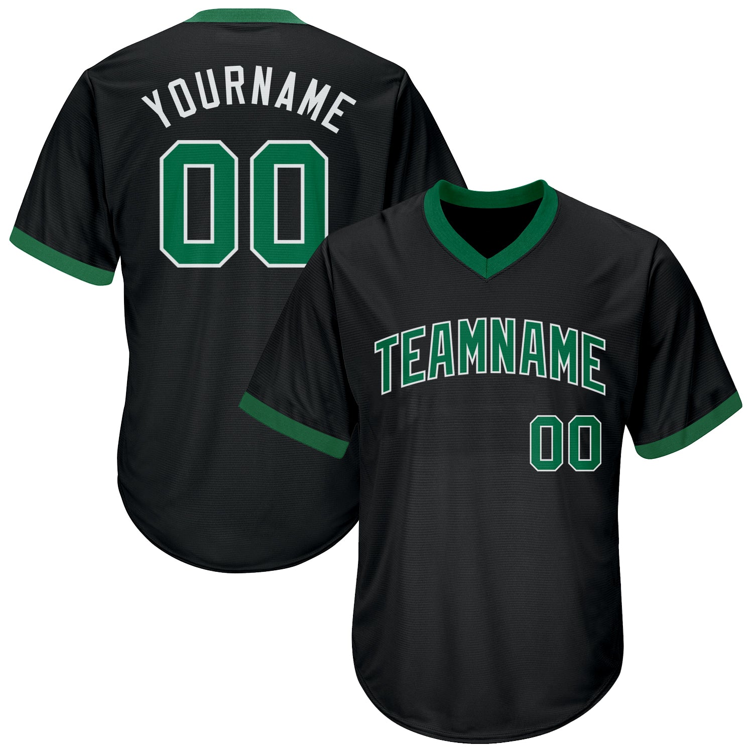 Personalized Black Baseball Jersey Shirt with Kelly Green and White Throwback Rib-Knit Design Personalized Black Kelly Green-White