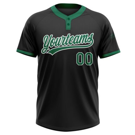 Personalized Unisex Softball Jersey - Black Kelly Green-White Two-Button Design Personalized Black Kelly Green-White Two-Button