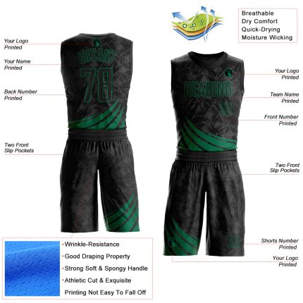 Custom Black and Kelly Green Basketball Jersey - Round Neck Sublimation Suit Personalized Black Kelly Green Wind Shapes Round