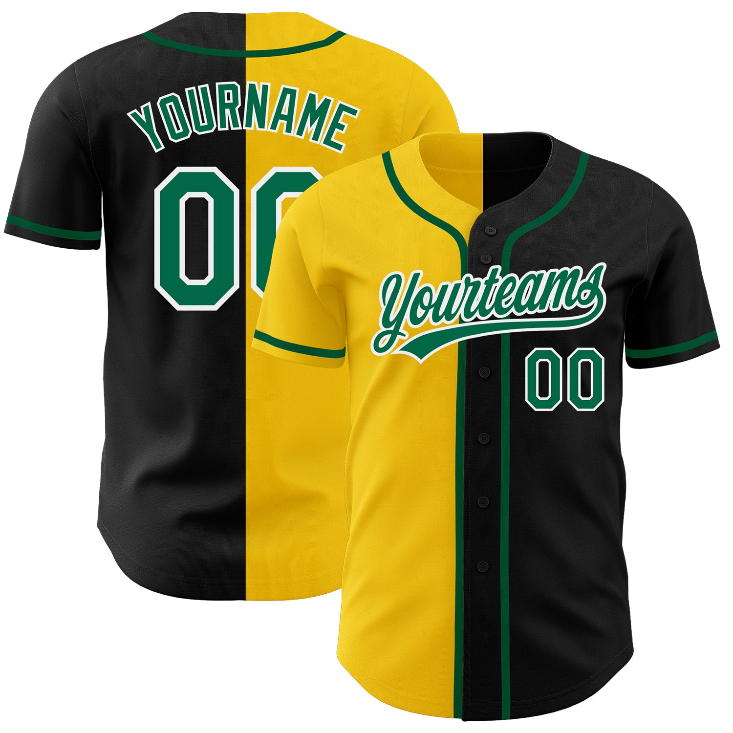 Personalized Black Green Yellow Split Authentic Baseball Jersey Fashion Personalized Black Kelly Green-Yellow Authentic Split