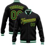 Custom Varsity Letterman Jacket with Name and Number - Personalized Black Kelly Green-Yellow Bomber Full-Snap Style Personalized