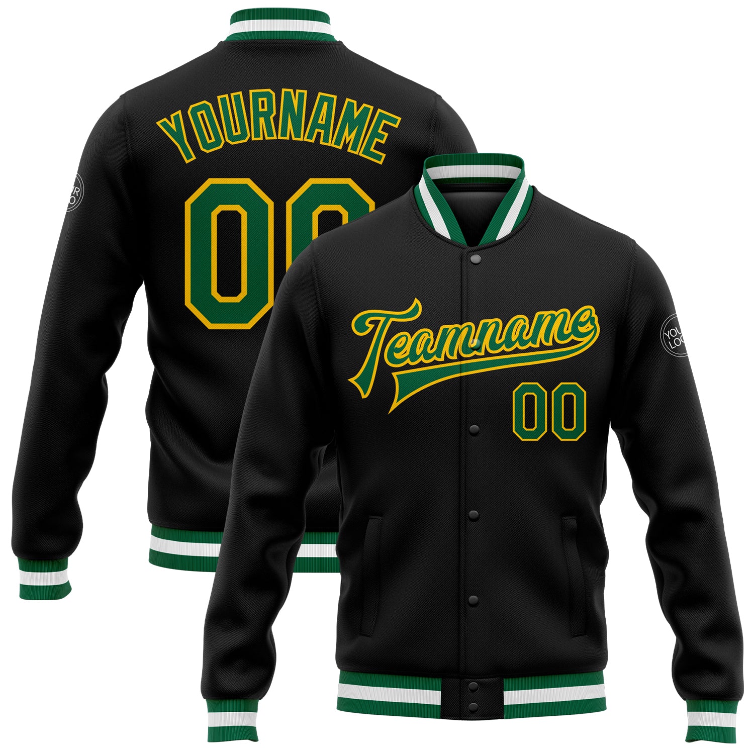 Custom Varsity Letterman Jacket with Name and Number - Personalized Black Kelly Green-Yellow Bomber Full-Snap Style Personalized