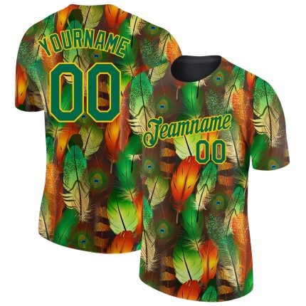 Personalized 3D Feathers Performance T-Shirt in Black Kelly Green and Yellow Personalized Black Kelly Green-Yellow Feathers