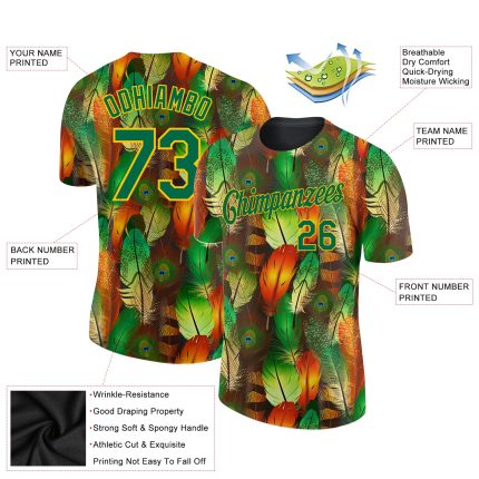 Personalized 3D Feathers Performance T-Shirt in Black Kelly Green and Yellow Personalized Black Kelly Green-Yellow Feathers