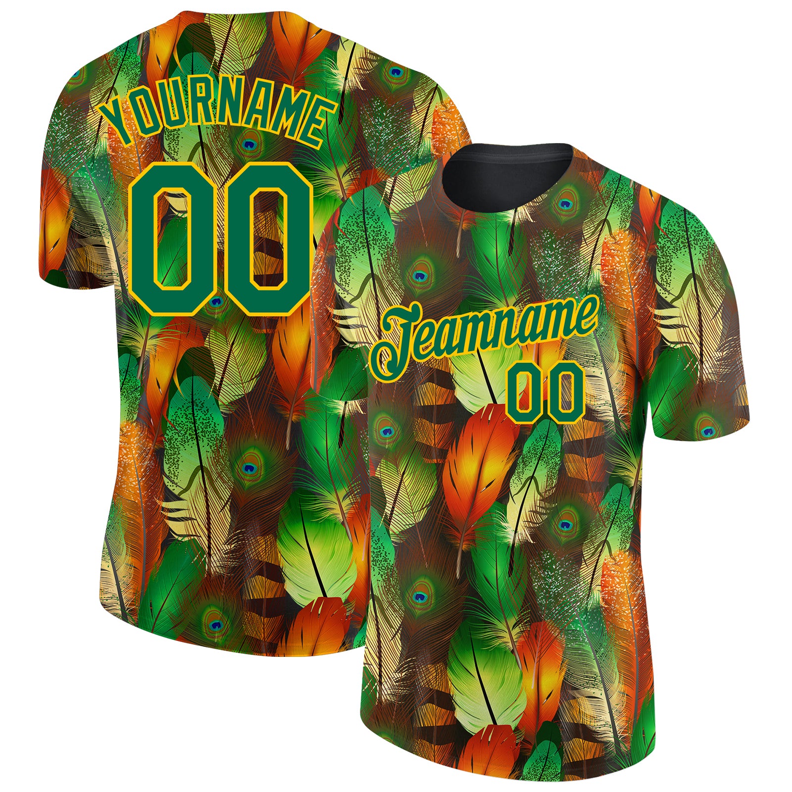 Custom Name Number Performance T-Shirt with Black Kelly Green Yellow Feathers 3D Pattern Design Personalized Black Kelly