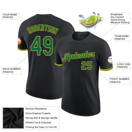 Custom Team Performance T-Shirt with Name and Number in Black Kelly Green-Yellow - Personalized Sports Apparel Personalized