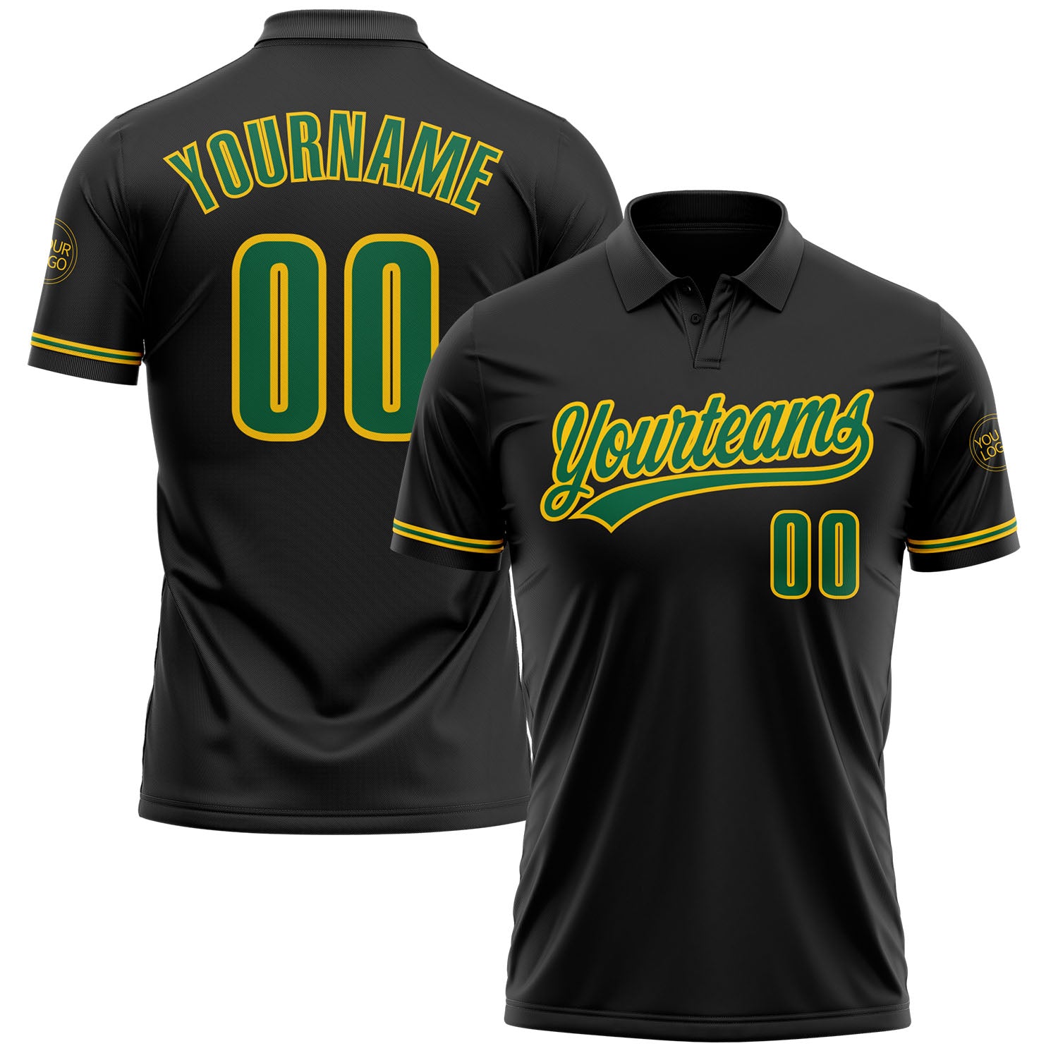 Custom Team Name Number Black Kelly Green Yellow Golf Polo Shirt - Personalized Performance Vapor Apparel Personalized Black
