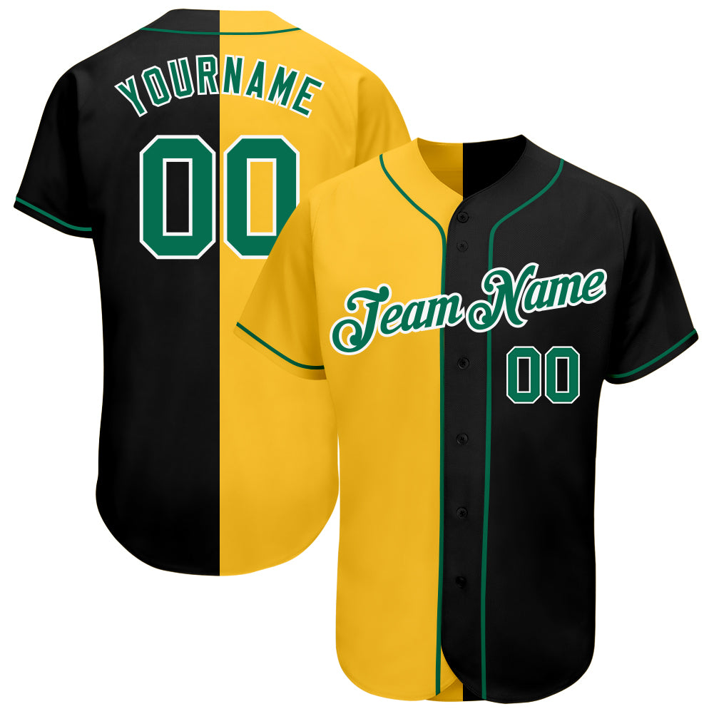 Personalized Black Fashion Baseball Jersey with Kelly Green and Yellow Split Design Personalized Black Kelly Green-Yellow