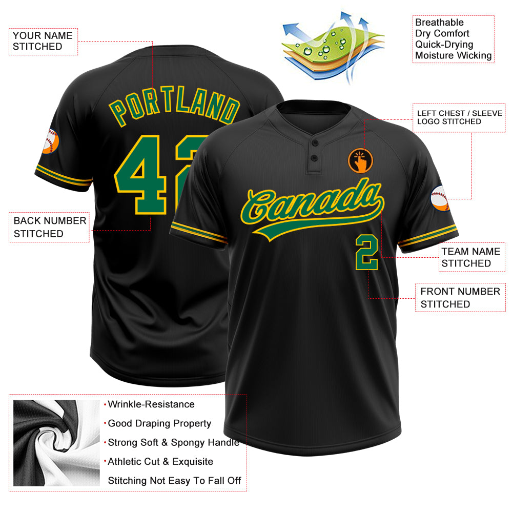 Personalized Black Kelly Green-Yellow Two-Button Unisex Softball Jersey Personalized Unisex Softball Jersey in Black Kelly Green-Yellow, Two-Button Design Personalized Black Kelly Green-Yellow - Image 3