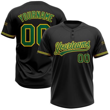 Personalized Unisex Softball Jersey in Black Kelly Green-Yellow, Two-Button Design Personalized Black Kelly Green-Yellow