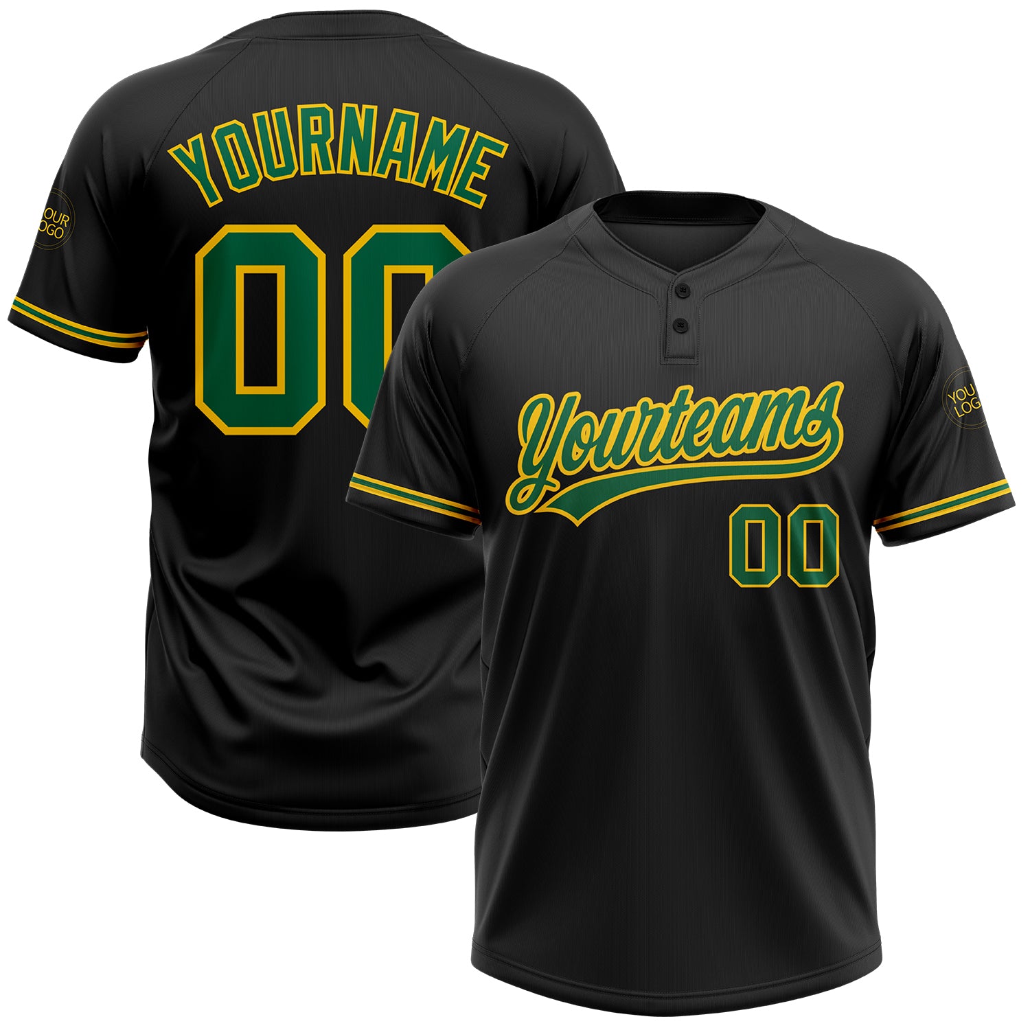 Custom Name and Number Unisex Softball Jersey - Personalized Black Kelly Green-Yellow Two-Button Design Personalized Black