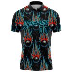 Personalized 3D Bowling Ball Hotrod Flame Polo Shirt - Black Lakes Blue Performance Apparel Personalized Black Lakes Blue